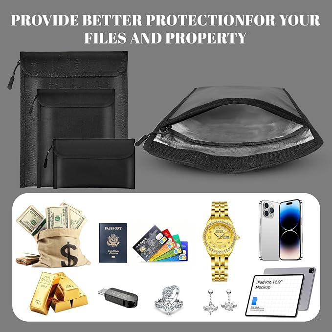 Lihengkong Fireproof Waterproof Document Bag 3-Pack Black 2000ā Money Bag for Cash Passports ID Cards Social Security Card Protector Waterproof Zipper Pouch Fire Proof Bank Bag Document Holder