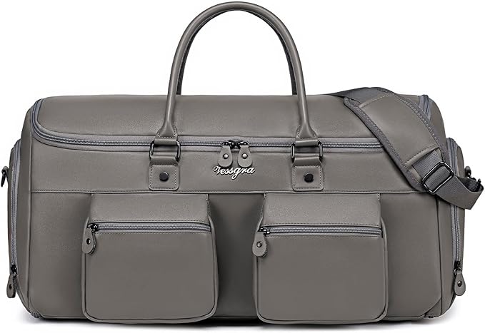 Suit Bag Travel,Vessgra 2 in 1 Leather Duffle Bags for Men 56L Duffel Bags for Traveling PU Leather Garment Bag with Shoe Compartment,Travel Carry on Bag Weekender Bussiness Wedding,Grey