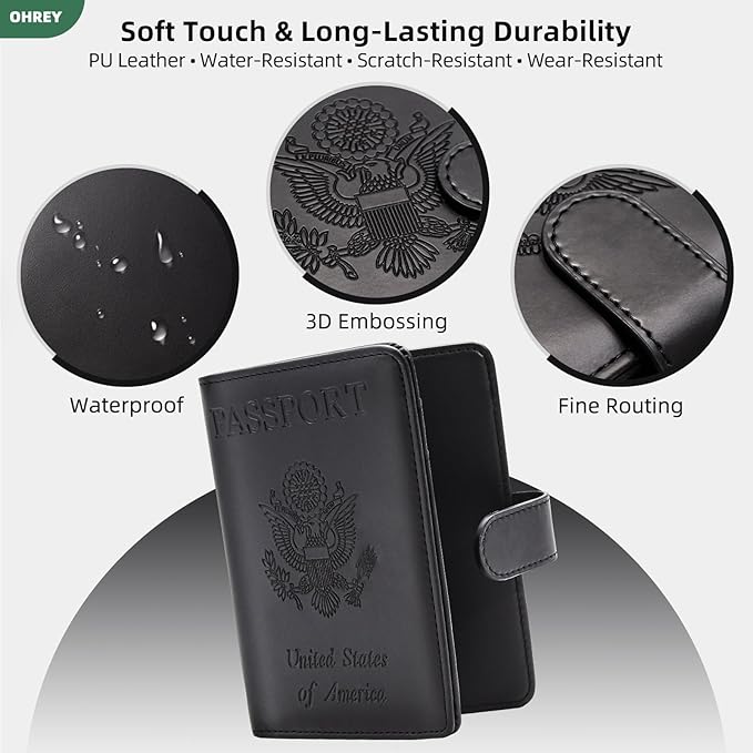 Passport Holder for Travel Family with Slot for Tracker Device & Luggage Tag Cover, – RFID Blocking Passport Wallet for Women & Men | PU Leather Passport Cover Case with Money Pocket – Black