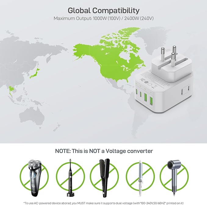 EPICKA Thailand Travel Plug Adapter, Foldable & Detachable Type O (Thailand) VisaPlug, 8-in-1 International Power Adapter with 4 USB Ports (2 USB-C PD 20W), Cruise Approved, US to Thailand, White