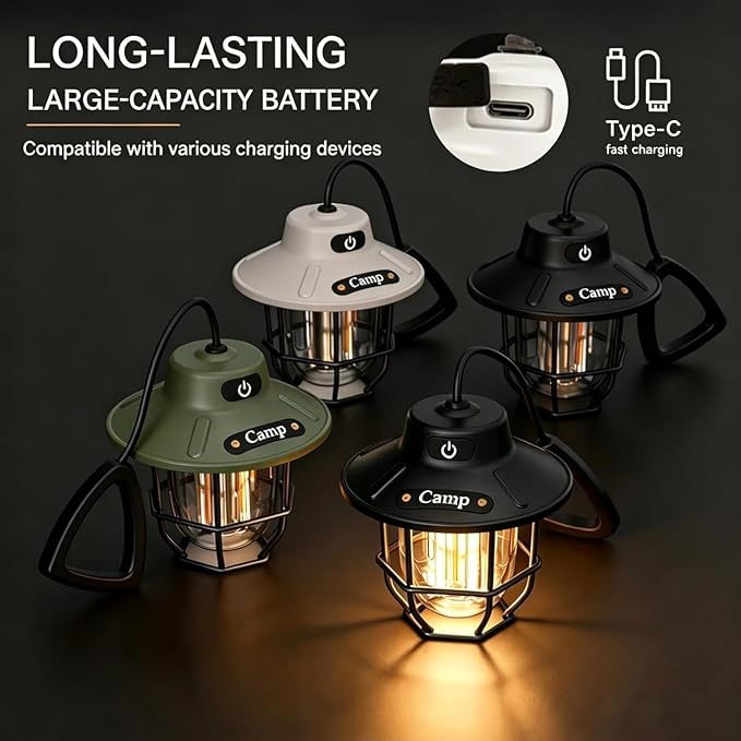Rechargeable Camping Lantern, 4 Light Modes, Portable for Hiking, Power Outage Emergency, Handheld or Hanging Tent Light for Outdoor, Camp, Home
