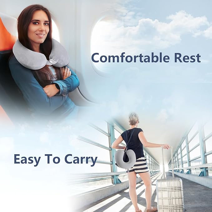 Travel Pillow, Memory Foam Neck Pillow for Traveling, U Shape Airplane Portable Flight Pillow Adult Travel Neck Pillow for Plane Train Car Home Office - Grey