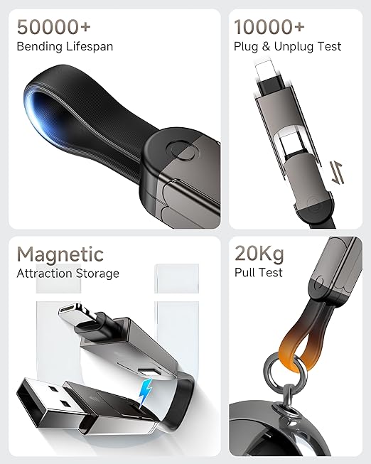 6-in-1 Keychain USB C Charger Cable, 60W Fas Charging Portable Universal Charging Cord with USB-C, Light-ning, USB-A and Micro USB for Phones, Tablets, Power Banks