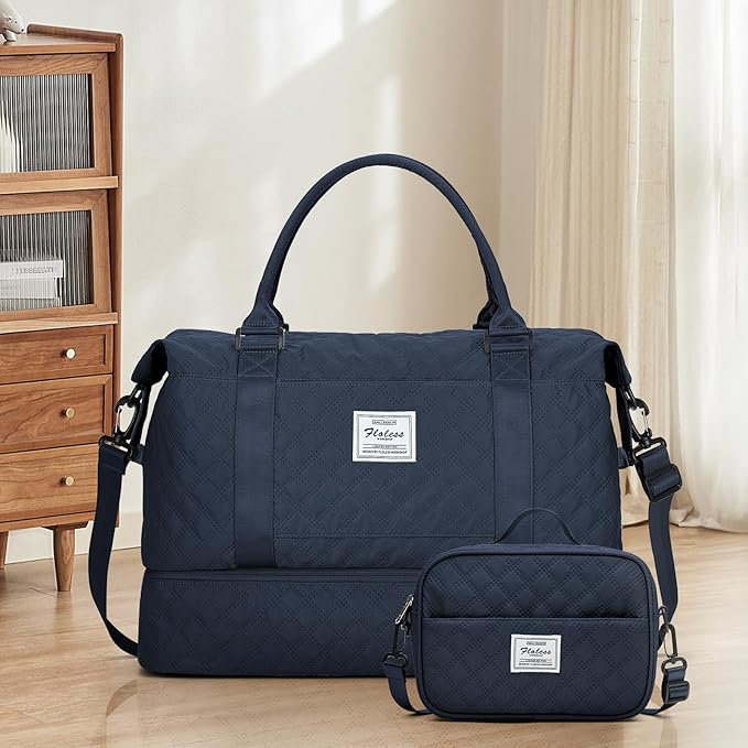 Weekender Bags for Women, Carry on Overnight Weekend Travel Duffel Bag with Shoes Compartment &Toiletry Bag, Personal Item Bag for Travel Business Trips Sport Hospital,Grid-NavyBlue