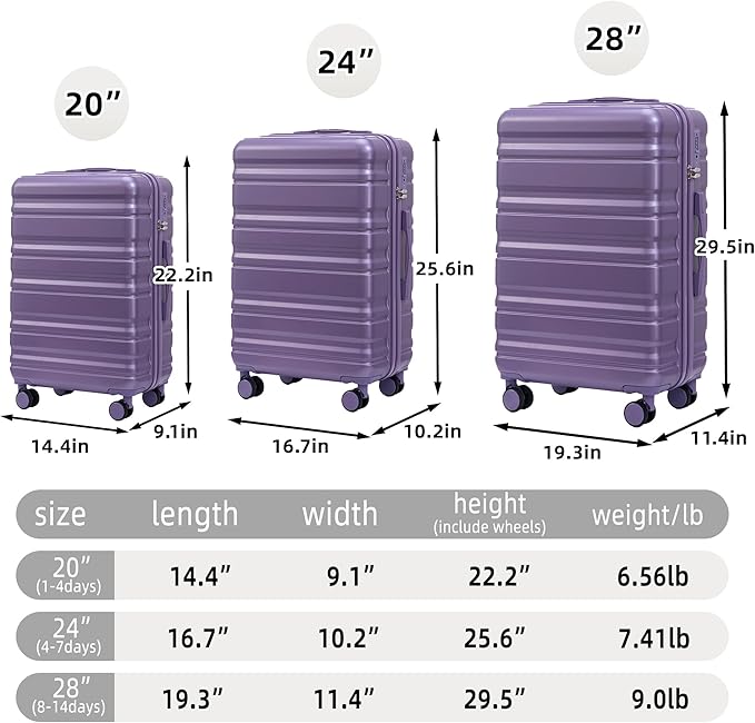 Hardshell Luggage Sets, Lightweight Stripes Suitcases with Spinner Wheels, Purple-181
