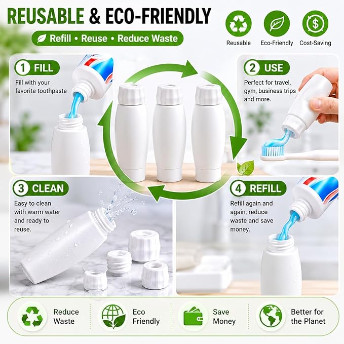 Toothpaste Refill Adapter Kit with Refillable Toothpaste Tubes and Squeezer, Portable Travel Connectors for Transferring Toiletries, Leak-Proof Packing Set (1 Set)