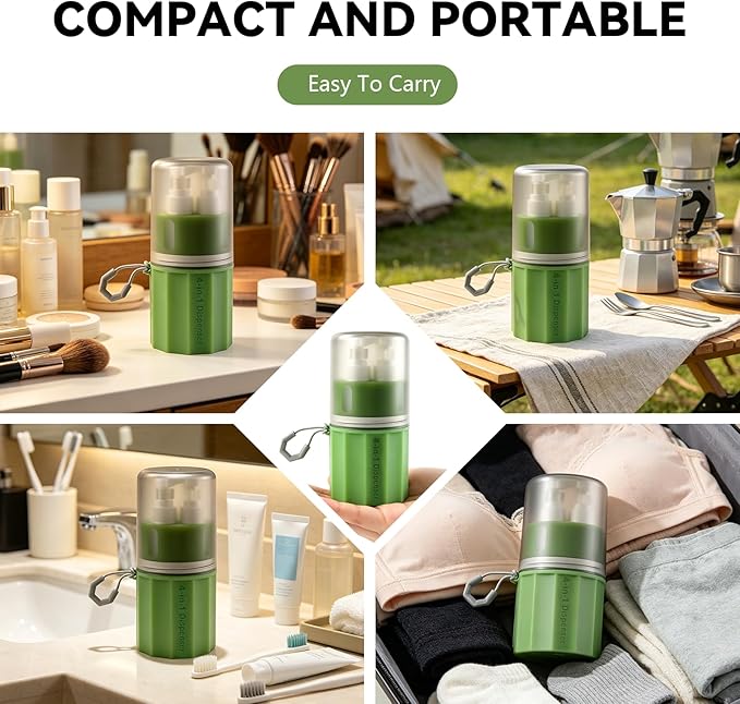4 in 1 Travel Dispenser,Unbreakable Silicone Travel Dispenser Bottle, Vacuum Suction Wall Mounted Refillable Containers,Leakproof Toiletry Containers for Shampoo, Lotion, Baby Care-Green.