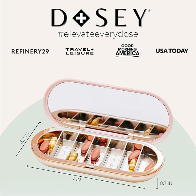 Dosey Compact Travel Pill Organizer - Pill Case with 7 Compartments for Medicine Storage & Protection – Stylish & Elegant Medication Organizer with Mirror, Blush