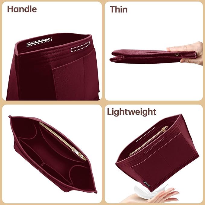 OPPOSHE Purse Organizer Insert for Longchamp Le Pliage, Premium Felt Long Champ Bag Handbag Women, Tote Organizer Insert with 6 Compartments (Small, Dark Red)