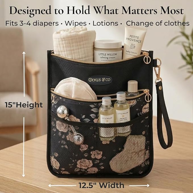DOKUS & CO Premium Wet Dry Diaper Clutch – Structured Waterproof Baby Organizer with Wrist Strap + Matching Washable Wet Bag