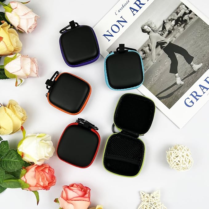 5-Pack Portable Square Earbud Carrying Cases – Multi-Color EVA+PU Leather Storage Bags with Carabiner for Earphones, SD Cards & Small Accessories