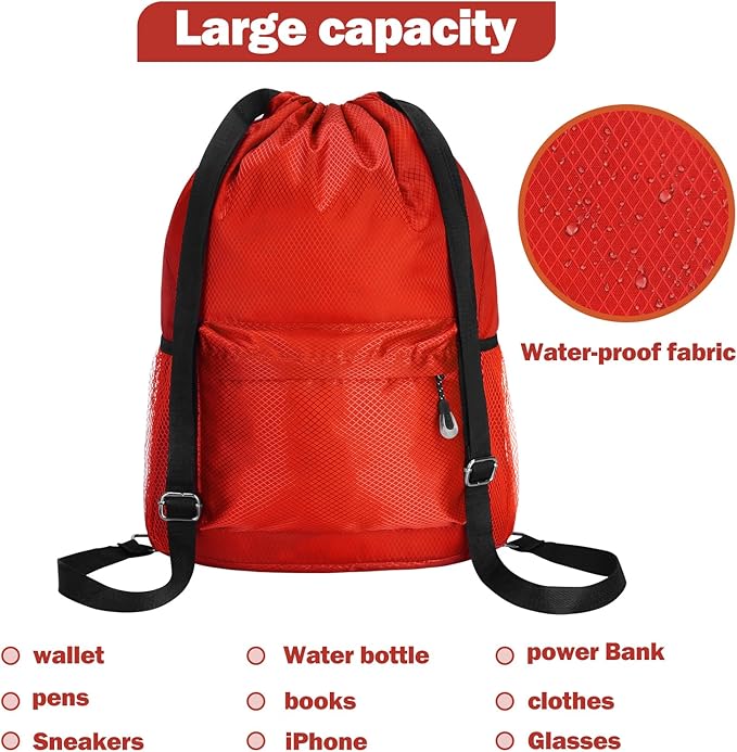 Waterproof Drawstring Bag, Lightweight String Backpack with Water Bottle Holder and Pockets, Gym Sports Cinch Sackpack (Red)