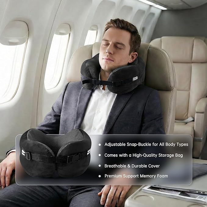 Neck Pillow Travel Pillow - 100% Pure Memory Foam Airplane Pillow with Adjustable Clasp & Removable Cover, Portable Travel Essentials for Long Flights, Car & Office (Black, with Eye Mask)