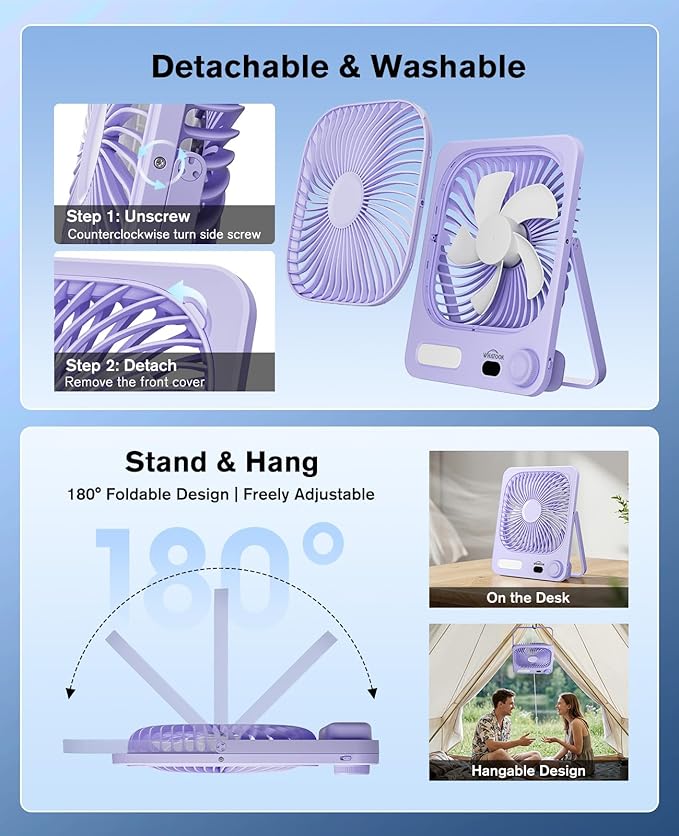 WHATOOK Large Travel Fan Rechargeable - 10000mAh Battery Operated Portable Fan with 100 Speeds & Night Light, Ultra Quiet Personal Desk Fan for Bedroom, Office, Camping & RV Tent (Purple)