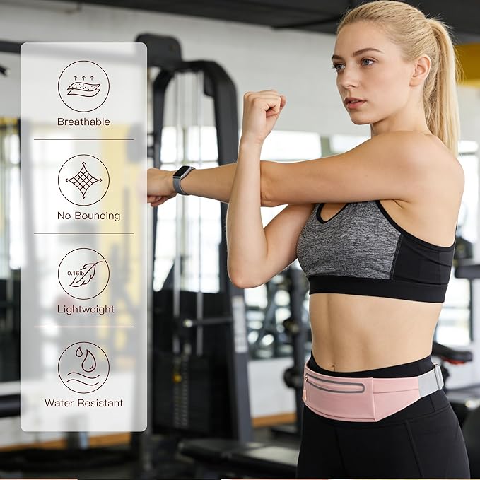 Slim Running Belt for Men Women - No-Bounce Phone Holder Waist Pack, Runners Fanny Pack with Sweat-Proof Pocket ,Travel Money Pouch for Gym/Hiking/Cycling (Light Pink)