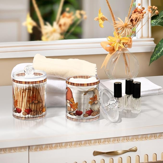 Gredecor 2 Pack Apothecary Jars with Lid Fall Gnome Maple Pumpkins Qtip Holder Dispenser Storage Containers Clear Plastic Cute Fall Autumn Thanksgiving Theme Canisters for Bathroom Vanity Organization