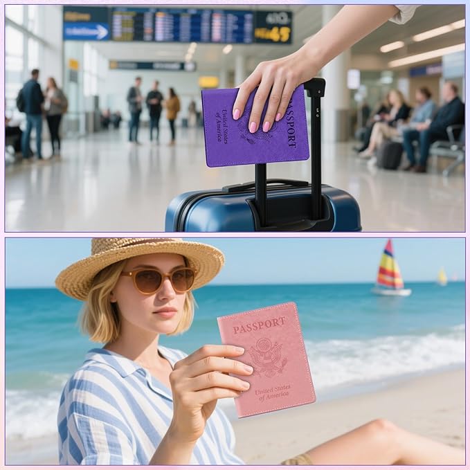 Passport Holder for Travel, 2 PCS Passport Holder, Travel Passport Holders Must Haves for Women Men, Pink and Purple Passport Cover Passport Wallet Case Holders for Travel Cruise Ship Essentials Gifts