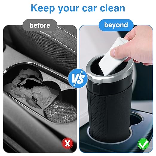 Car Trash Can Bin with Lid, Mini Leakproof Garbage Can for Vehicle, Cup Holder Trash Can, Small Trash Bin for Cars, Home, Bedroom, Office(Silver 01)