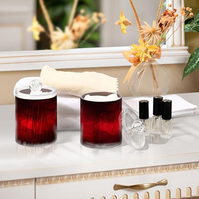 Gredecor 4 Pack Qtip Holder Clear Red Apothecary Jars with Lids Plastic Acrylic Bathroom Jars Vanity Countertop Canister Storage Organizer for Cotton Ball,Swabs,Pads,Floss