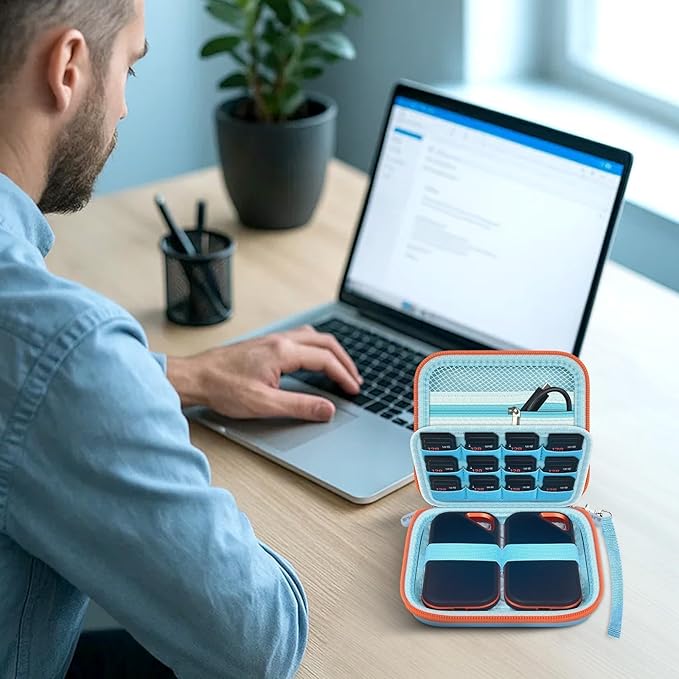 PAIYULE Case Compatible with SanDisk Extreme new and Old Model/Extreme PRO Portable SSD 500GB 1TB 2TB 4TB 8TB, Hard Travel Storage Case Holds 2 SSDs, 12 SD Card Slots, Cable Organizer,Blue