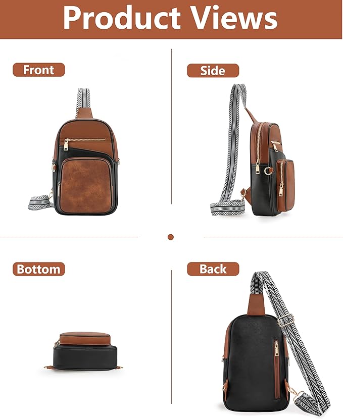 Anti Theft Crossbody Bags for Women,RFID Sling Bag Travel Purse,Vegan Leather Cross Body Purses Chest Bag for Travel(Black+Brown)