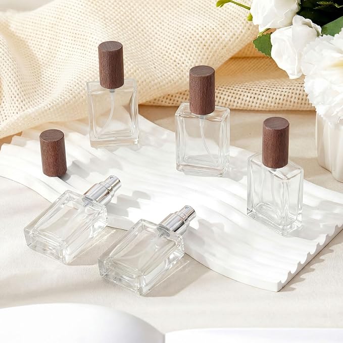 Domensi 30 Pcs 10/15/30/50 ml Glass Perfume Bottles Mini Glass Empty Spray Atomizer Bottles Bulk Refillable Perfume Dispenser Container with Pump Tool for Travel Skin Care (30 ml,Dark Woddy Color)