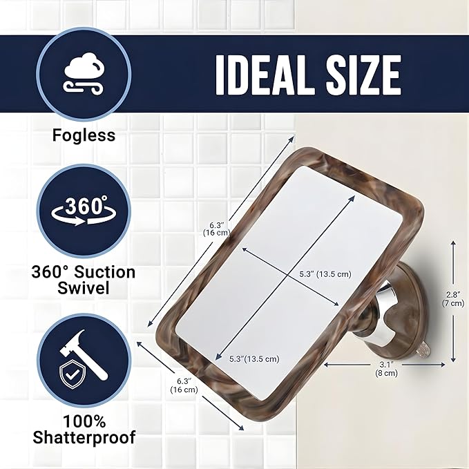 MIRRORVANA Fogless Shower Mirror for Shaving - Shatterproof Surface, Upgraded Suction Cup, and 360° Swivel Design - 6.3" x 6.3" (Cocoa Marble Print)