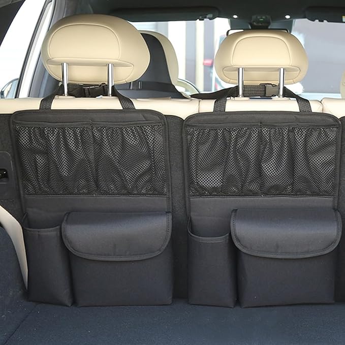 HZEL Car Trunk Organizer, Detachable Vehicle Backseat Storage Bag with 4 Compartments, Large Capacity Back Seat Organization Hanger with Lids, Space Saving Universal Automotive Accessories (Black)