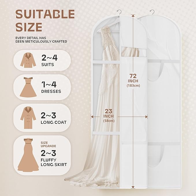 Lazebox 72" Garment Bag with Zipper Pocket, Wedding Dress Bag for Gowns Long, White