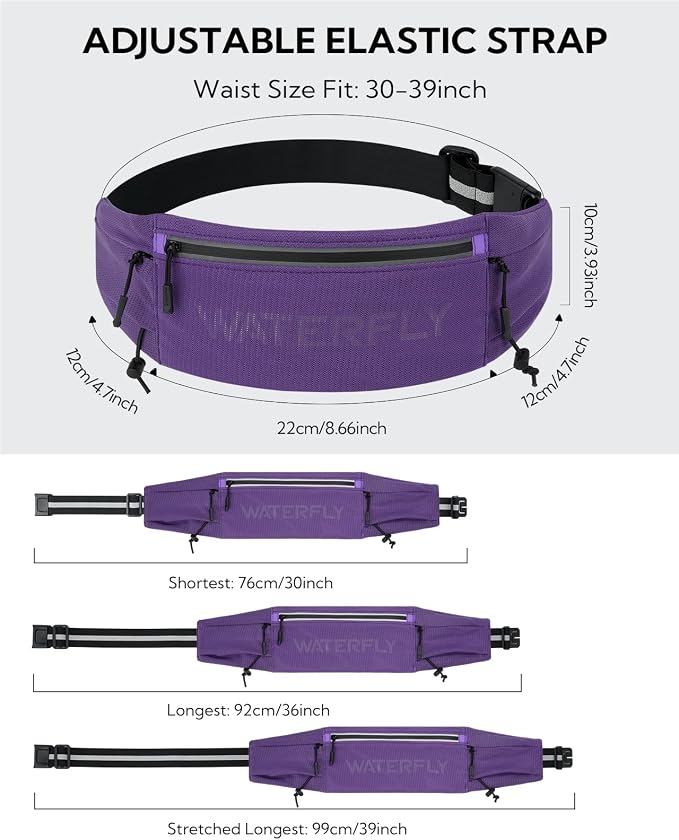 WATERFLY Running Belt Fanny Pack: Breathable 3 Pocket Waist Bag for Men Women Workout Exercise Fitness Phone Holder Fits All Phones - Runner Marathon Jogging Race Belt with Bib Clip Purple