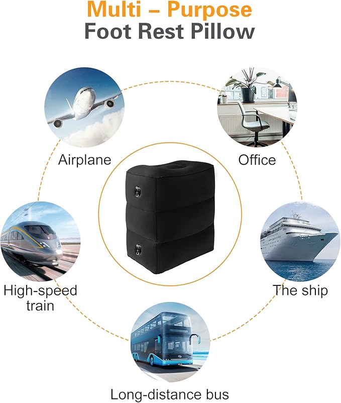 Sunany Inflatable Foot Rest Pillow for Travel, Kids/Adults Airplane Travel Pillow-Adjustable Height for Kids to Sleep While Traveling,Suitable for Airplane, Cars, Office, Home and Any Travel (Black)