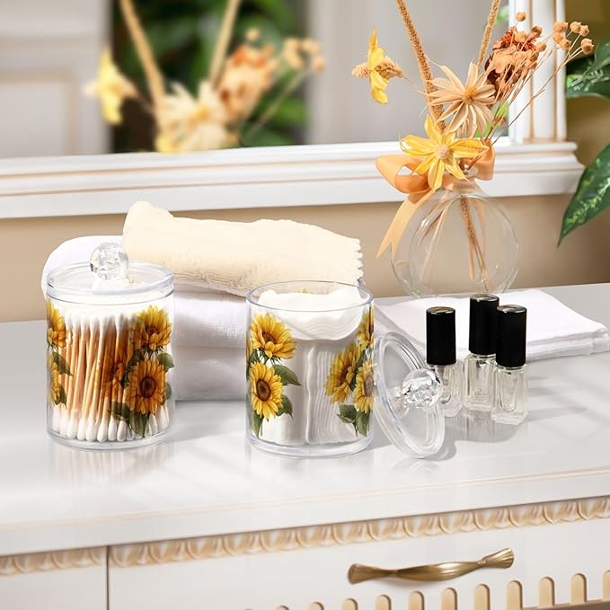 Gredecor Qtip Holder Dispenser 2 Pack Yellow Watercolor Sunflowers Bathroom Decorative Storage Canister Holder Counter Vanity Organizer for Cotton Ball Swabs Pads Floss