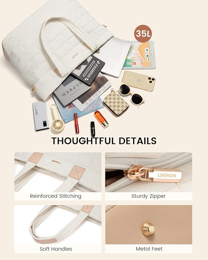 LOVEVOOK Laptop Tote Bag for Women, 17 Inch Large Puffer Work Computer Tote Bags for Teacher Nurse, Quilted Women's Purse Tote Shoulder Handbags with Zipper for Travel College Office Gym, Beige