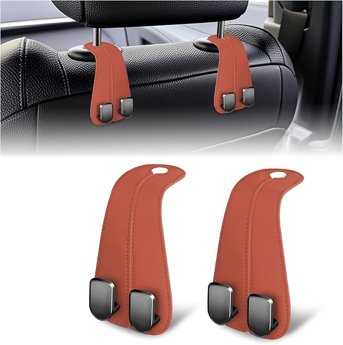CHOSMOYI 2 Packs Car Seat Hooks, Leather Car Headrest Hook, Car Purse Hook Seat Back Hanger Storage Organizer, Car Hook for Purses and Bags(Coral Orange)