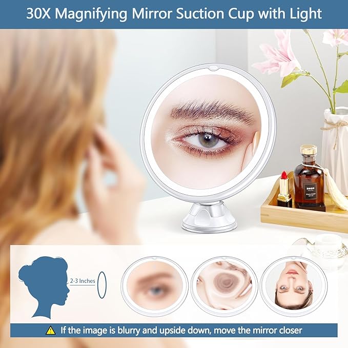 Magnifying Mirror with Light 30X, Lighted Makeup Mirror 30X for Precision Makeup, 3 Color Modes and Adjustable Brightness, 360° Swivel Magnifying Mirrors Suction Cup for Bathroom 8 Inches