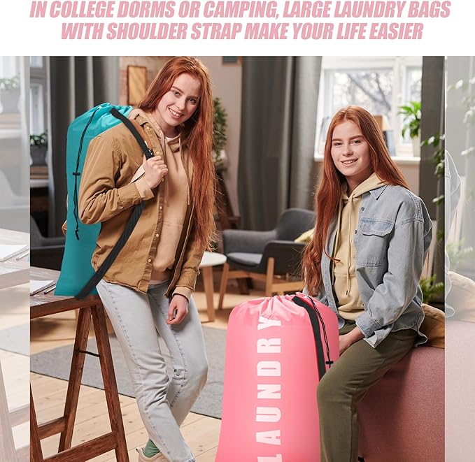 Isink Heavy Duty Laundry Bag with Strap,2 Pack Travel Laundry Bags for Dirty Clothes,24" x 36" Large Laundry Bag for Traveling,Camping,Dorm (Cyan + Pink)