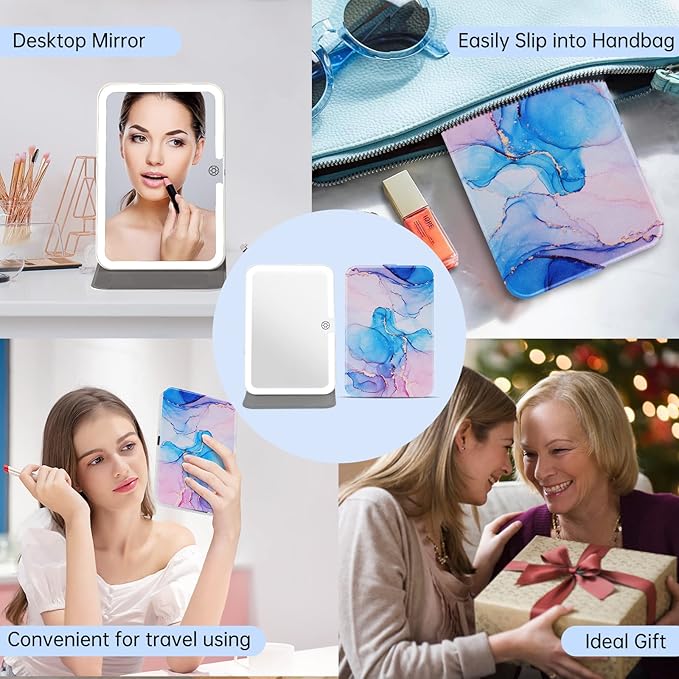 Rechargeable Travel Lighted Makeup Mirror with PU Leather Cover, Portable Travel Makeup Mirror with lights, 3 Color Lighting,Touch Sensor Dimmable, Light Up Tabletop Folding Cosmetic Mirror Colorful