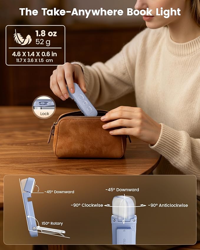 Glocusent 12 LED Book Light, Reading Lights for Books in Bed with 5 Colors & 5 Brightness, Portable Clip on Reading Light, USB-C Rechargeable for 200H with Travel Lock, Perfect Gifts for Book Lovers