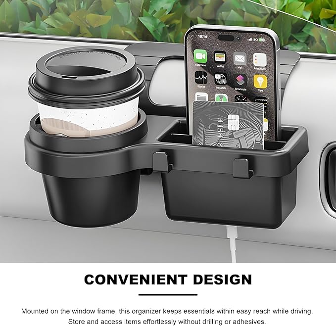 2 PCS Car Window Multifunctional Storage Organizer, Vehicle Door Side Hanging Storage Rack with Cup Holder, Auto Window Mount Organizer for Cell Phone Earphone Key Water Cup