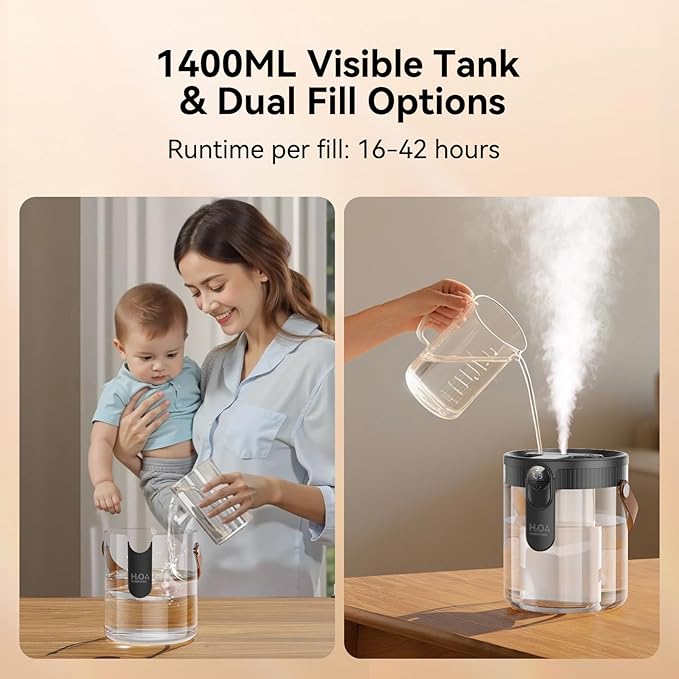 KIMMOO Rechargeable Portable Top Fill Humidifier, Smart Humidifiers for Bedroom, Night Light, 1.4L Cool Mist Humidifier for Office Home Plant Baby, 3-Speed Mist Control, Quiet, Auto Shut-Off (Grey)
