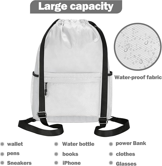 Waterproof Drawstring Bag, Lightweight String Backpack with Water Bottle Holder and Pockets, Gym Sports Cinch Sackpack (Grey)