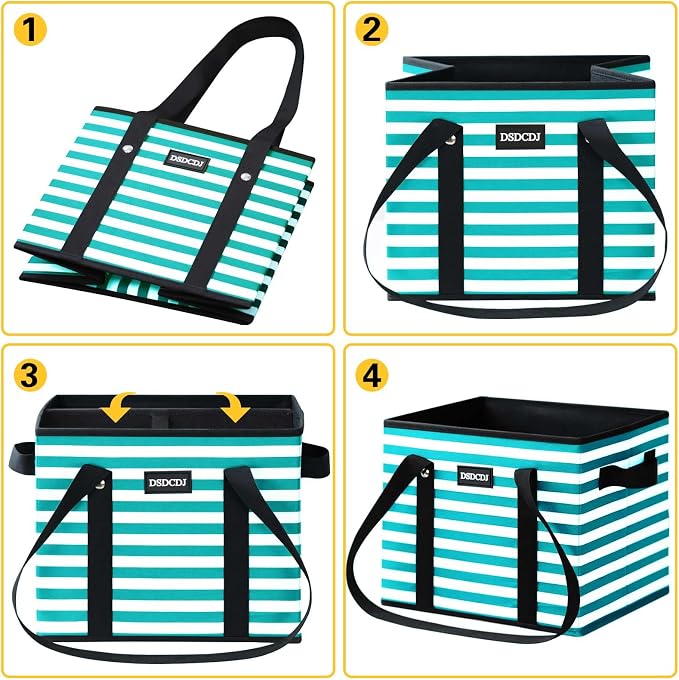 Reusable Grocery Bags 3 Pack - Heavy Duty Reusable Shopping Bags with Hard Bottom & Long Handles, Foldable Utility Tote Bag with Box Shape to Stand Up, 13x10.23x11in, Stripe Green
