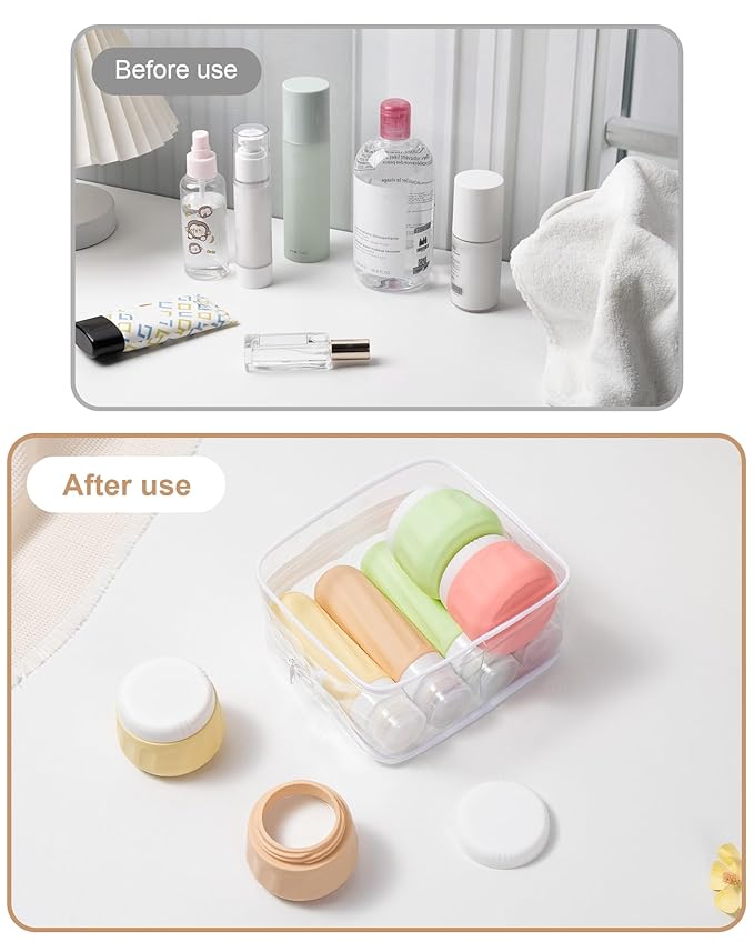Mrsdry Travel Size Toiletries 8 Pack, TSA Approved 3oz Silicone Squeeze Bottles & Cream Jars with Clear Travel Bag