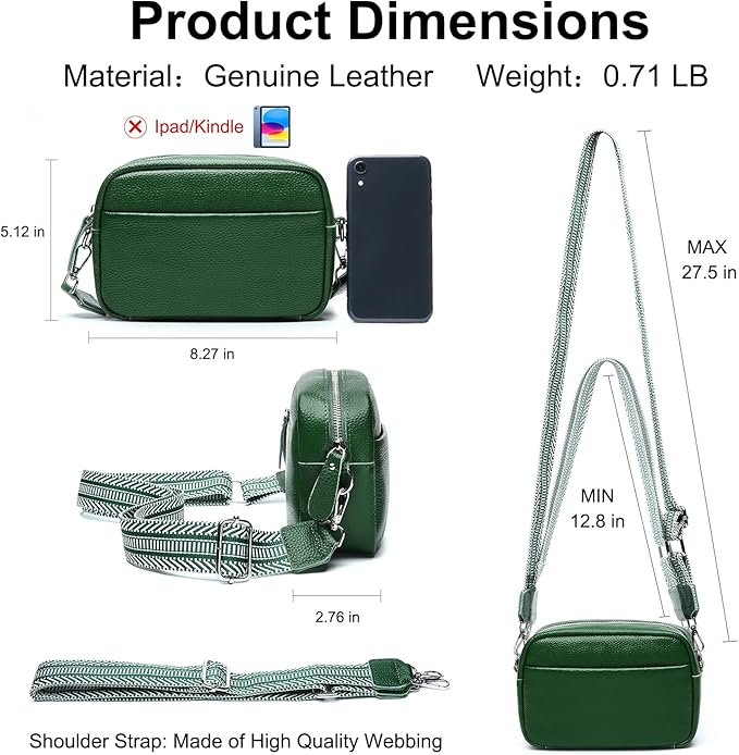 Small Crossbody Bags for Women Genuine Leather, Guitar Strap Shoulder Handbag Purse Camera Bag with Rfid Card Slots, Green