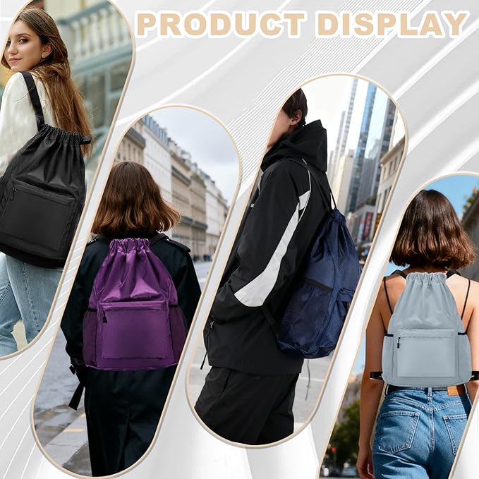 Tygelluis Drawstring Backpack, Waterproof Gym Bag with Water Bottle Pocket for Women Men, Pull String Sport Bag for Swim, Soccer and Basketball, Light Gray