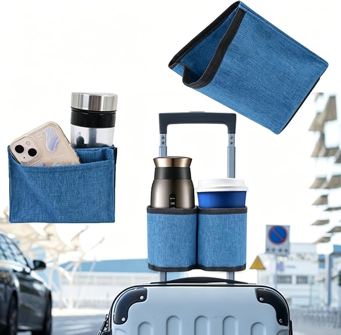 Luggage Travel Cup Holder - Hands-Free Double Coffee Carrier for Suitcases, Ideal for Flight Attendants, Business Trips, Airport Transfers & Train Journeys (Royal Blue)