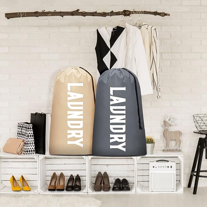 2 Pack XL Travel Laundry Bag, Machine Washable Dirty Clothes Organizer, Large Enough to Hold 4 Loads of Laundry, Easy Fit a Laundry Hamper or Basket (Khaki + Grey)