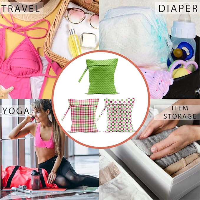 Floral Plaid Print Wet Dry Bag, 3 Pack, Waterproof Washable Reusable Wet Bag for Swimsuit, Dirty Clothes Diaper Travel Pool Gym Party Camping, Portable Storage Pouch Toiletries Beach Essentials