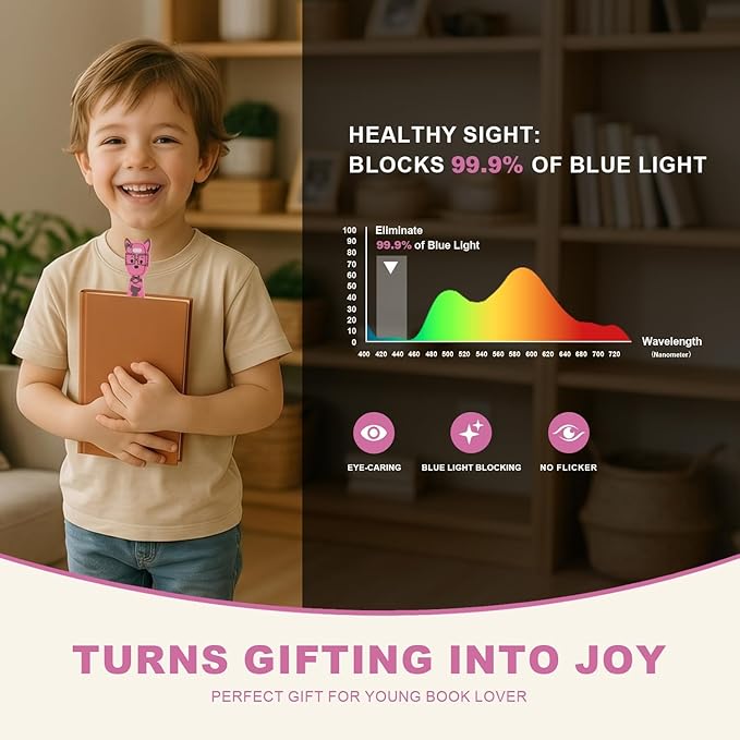 Rechargeable Kids Book Light, Cute Bookmark Reading Light for Kids, Dimmable Portable LED Book Light for Reading in Bed, Eye-Caring Bedtime Reading Lamp for Children & Travel, Pink