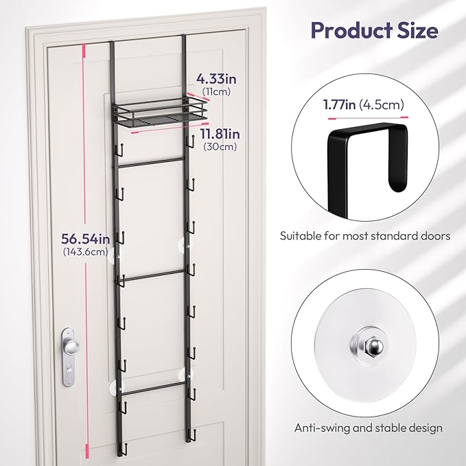 SWTYMIKI Over the Door Purse Organizer - Wall Mounted Handbag Organizer with 16 Hooks and Metal Basket, Hanging Purse Storage Rack Holds up to 16 Bags, Bag Rack Can Use As 1/2 Part, for Door, Closet
